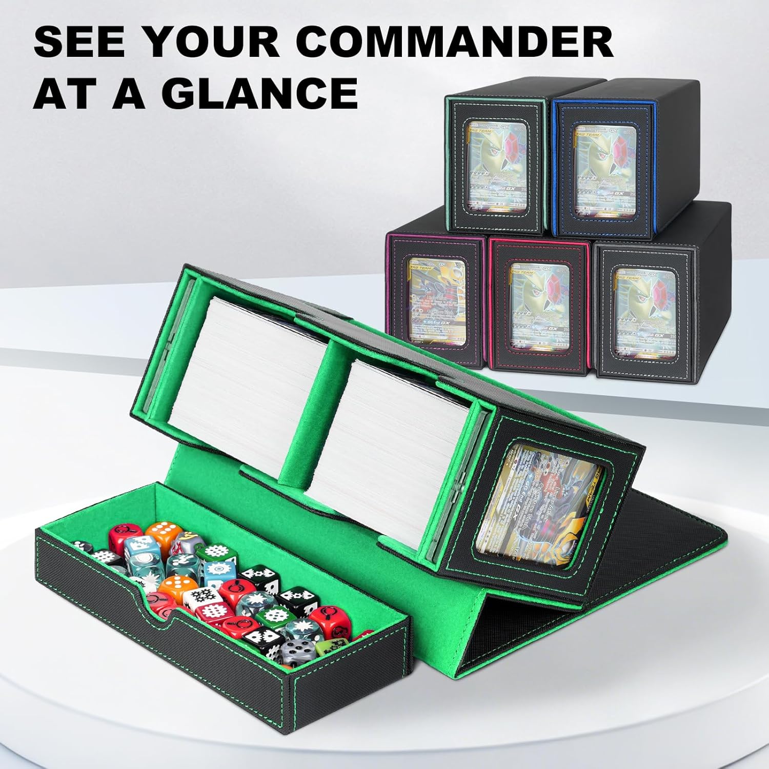 Card Deck Box for MTG Commander, Deck Display Case Holds 200+ Double-Sleeved Cards, 35pt Card Brick & Dice Tray, Storage Box For TCG CCG Sports, Black&Green