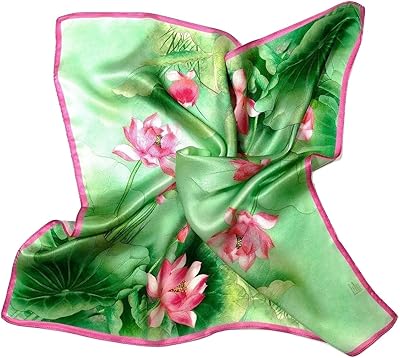 Shanlin 100% Mulberry Silk Square Scarf in Gift Box (21x21) (Lotus-Green Pink)
