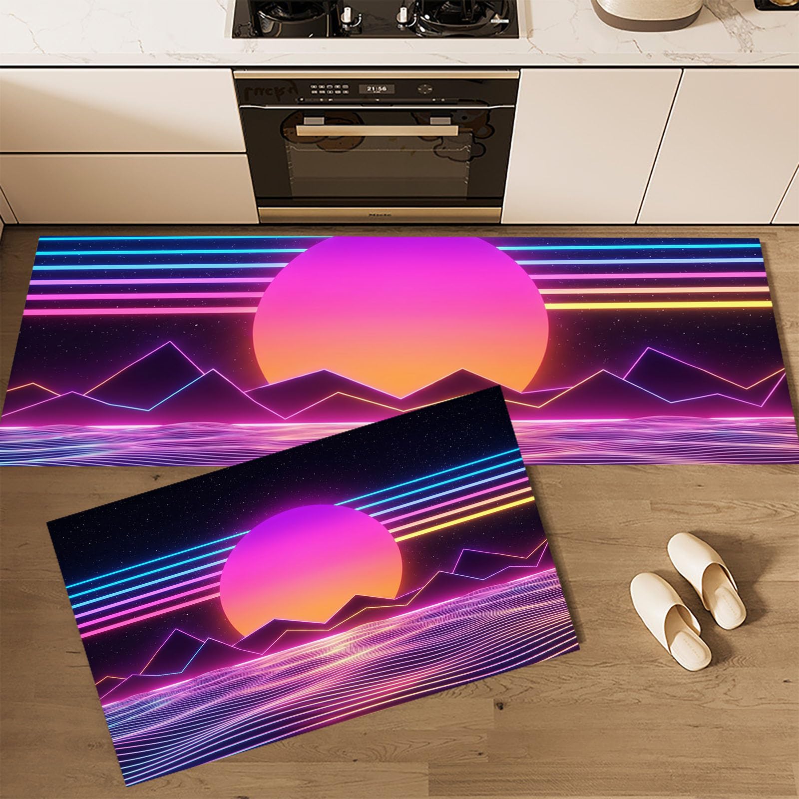 Juego De 2 Alfombras De Cocina Atardecer De Neón Retro | Alfombrillas De Cocina Lavables Futuras Montañas Rayadas, Corredera Antideslizante Absorbente para Salón, 50X80+50X180, Púrpura