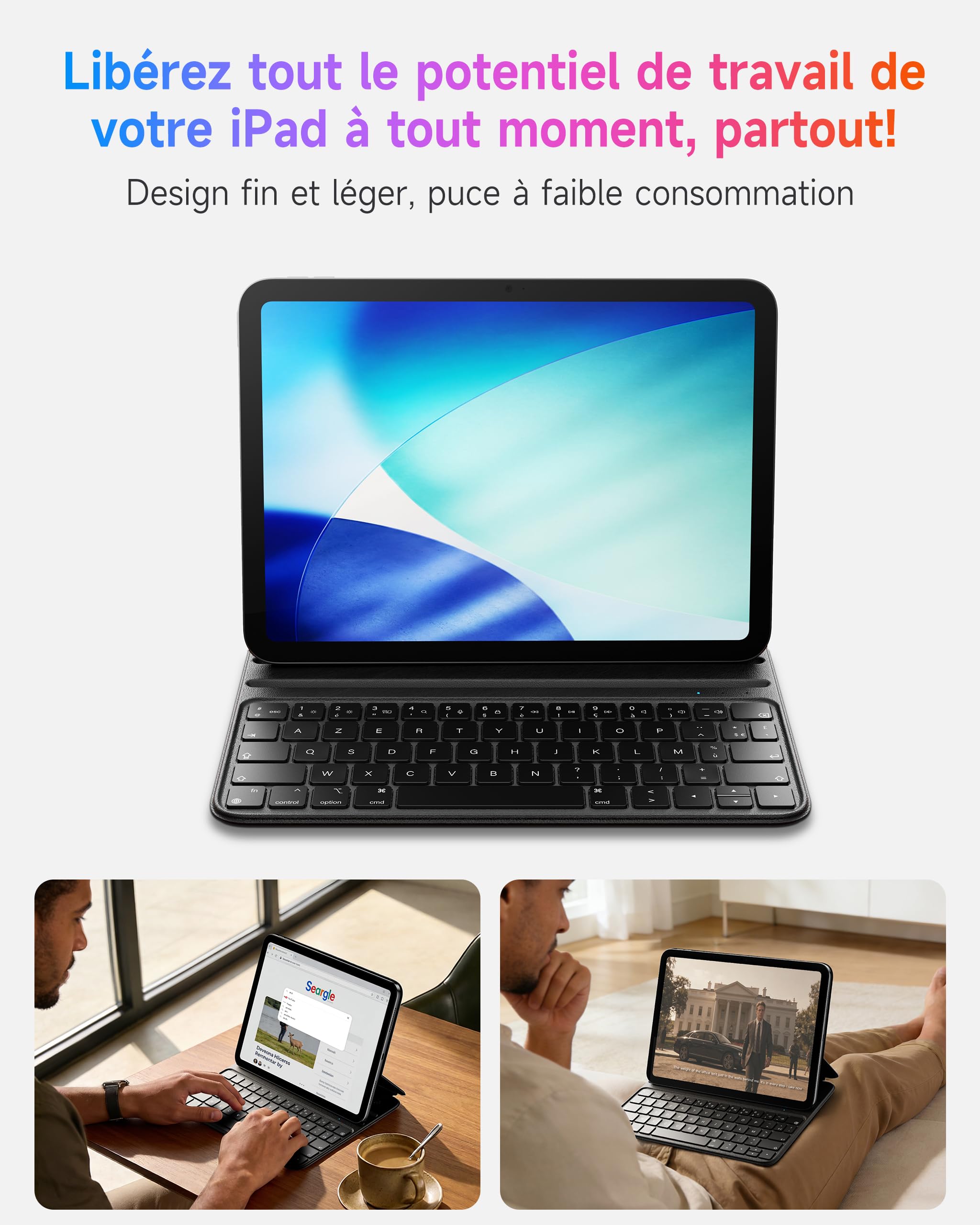 HOU Étui Clavier Compatible avec iPad Pro 11" 1ᵉʳ/2ᵉ/3ᵉ/4ᵉ génération,iPad Air 11 Pouces M4/M3/M2 & Air 5e/4e génération, Deux Angles de Soutien, Ergonomique, AZERTY, en Similicuir, Noir