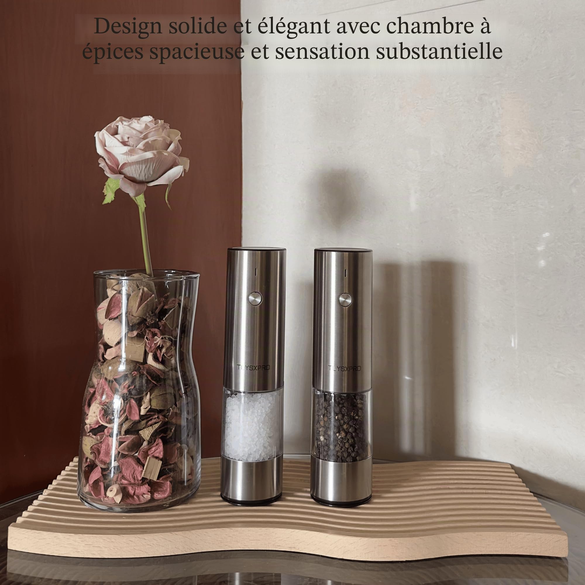 TLYSXPRO Moulin à Sel et Poivre Électrique, Ensemble de 2, Rechargeable par USB, Mouture Réglable, Moulin à Poivre Électrique avec Lumière LED, Brosse de Nettoyage, Acier Inoxydable
