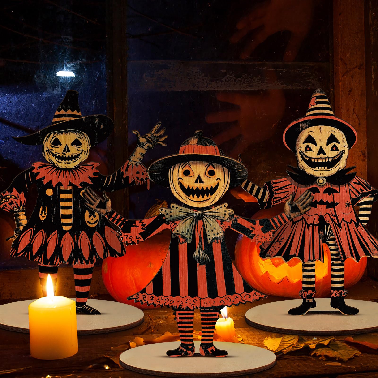 WinnerWhy 3 Pcs Vintage Halloween Decor 9x6 in Pumpkin Table Centerpiece | Retro Wooden Signs for Tables, Rustic Farmhouse Scarecrow Witch Decor, Spooky Centerpieces for Home Tabletop Party