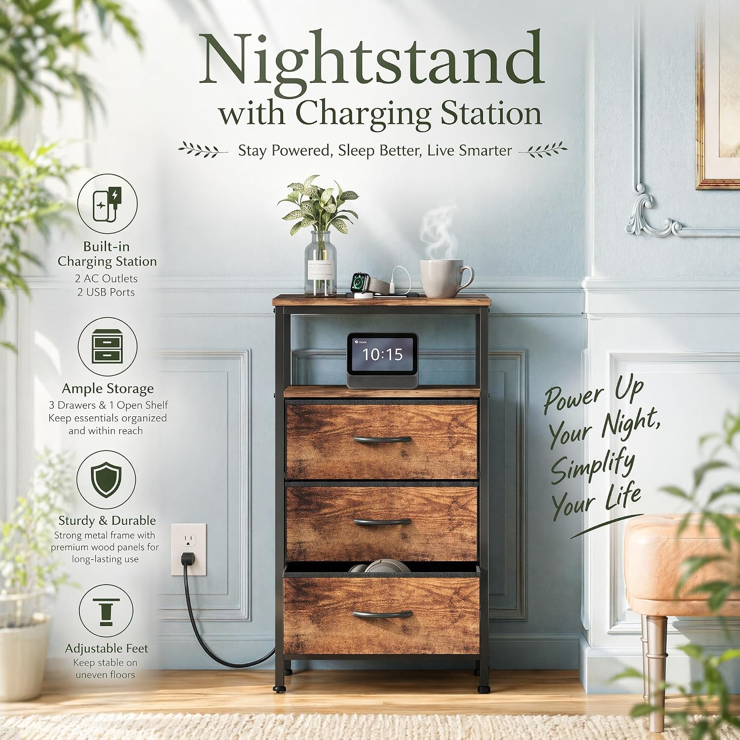 Nightstand with Charging Station, 3 Fabric Drawers for Bedroom | Charging Station with USB Ports & Outlets, Sturdy Bedside Table, Spacious Fabric Drawers for Bedroom Storage