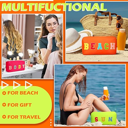 Miniatura 6 de Pinkunn 4 bolsas de maquillaje de chenilla con parche de letras de chenilla, bolsa de cosméticos para viajes de verano, playa, sol, bolsa de