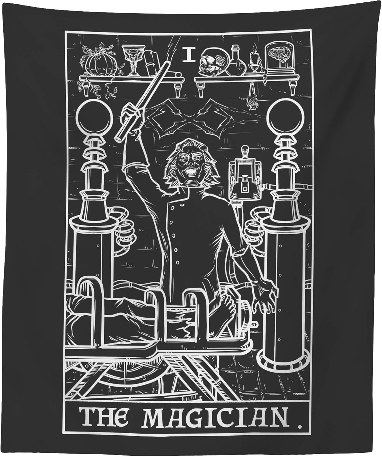 The Magician Tarot Card Tapestry (Black & White) - Dr Frankenstein - Mad Scientist Gothic Halloween Home Decor Wall Hanging (60" x 50")