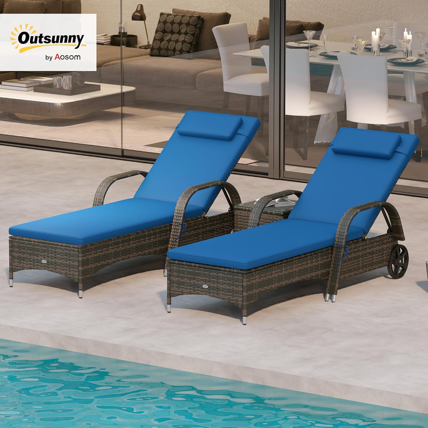 Outsunny Wicker Outdoor Chaise Lounge Chair Set of 3 with Side Table, 5-Level Adjustable Backrest PE Rattan Pool Lounge Chair with Wheels, Cushion & Headrest, Blue