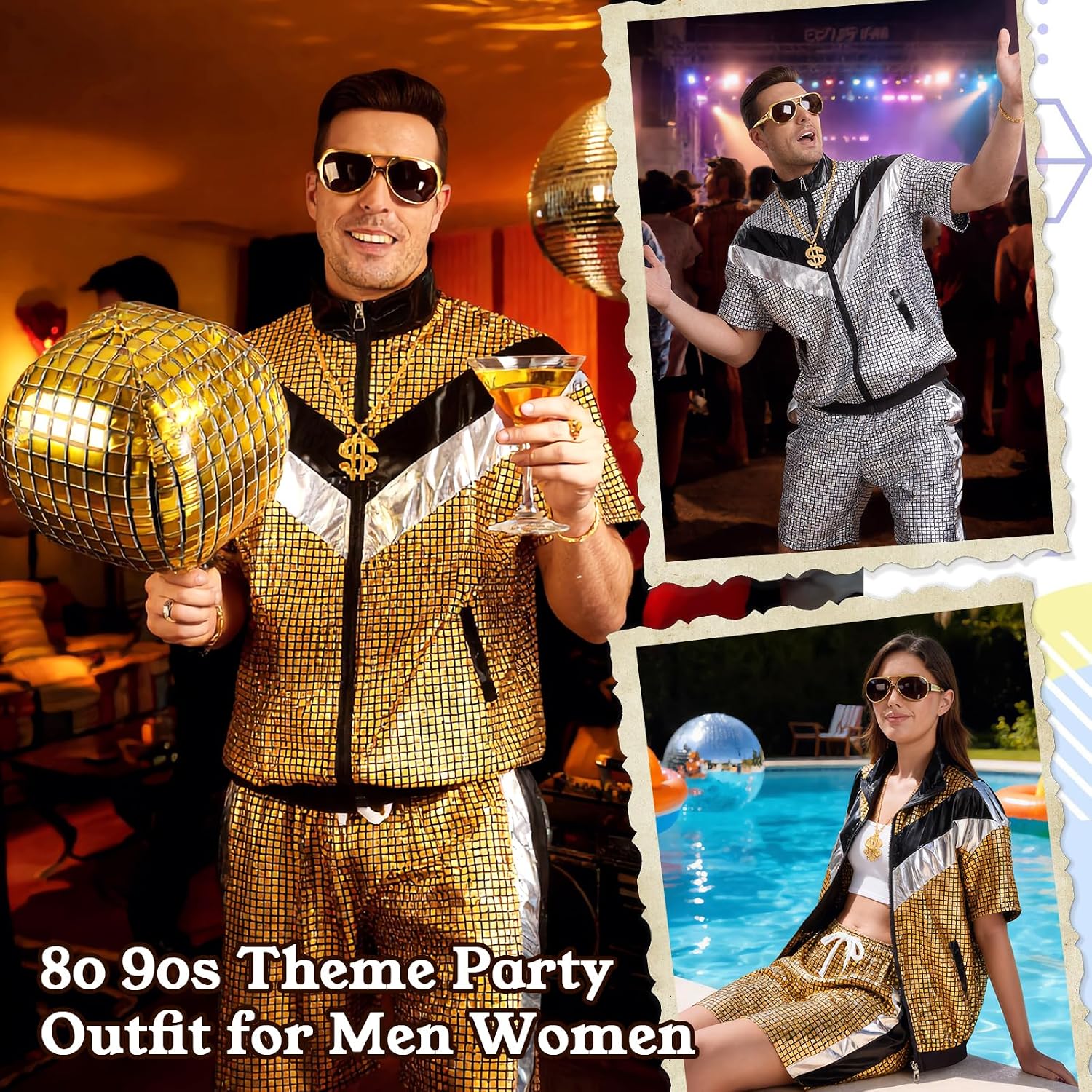80s 90s Disco Outfits for Men Women, Retro Hip Hop Outfit Set with Accessories, Disco Costume for Couples Party