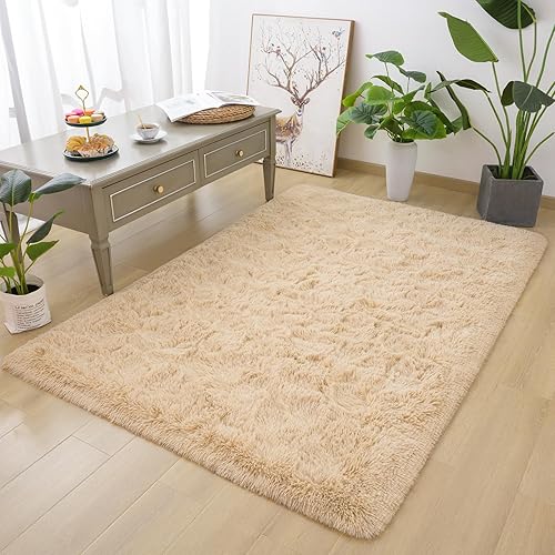 Miniatura 2 de DETUM Alfombra de dormitorio beige de 4 x 6 pies, para dormitorio, comedor, sala de estar, alfombra de pelo largo, lavable, antideslizante,