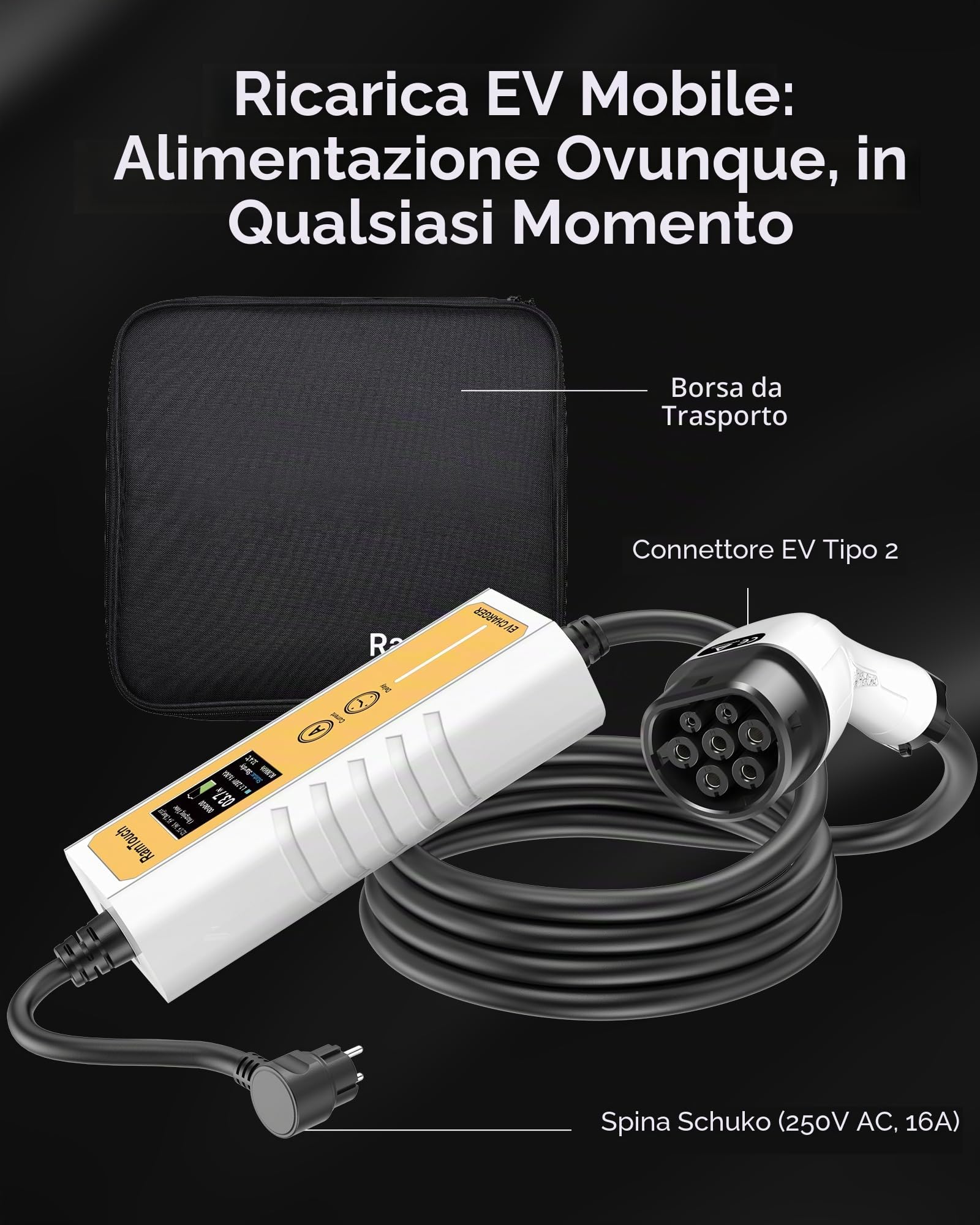 Caricabatterie da Auto Elettrico (3,7 KW, 8,5 m, Tipo 2, Schuko) - Cavo di Ricarica con amperaggio Regolabile 6A-16A, Ricarica ritardata e Programmata, terminale di Ricarica Mobile per EV e