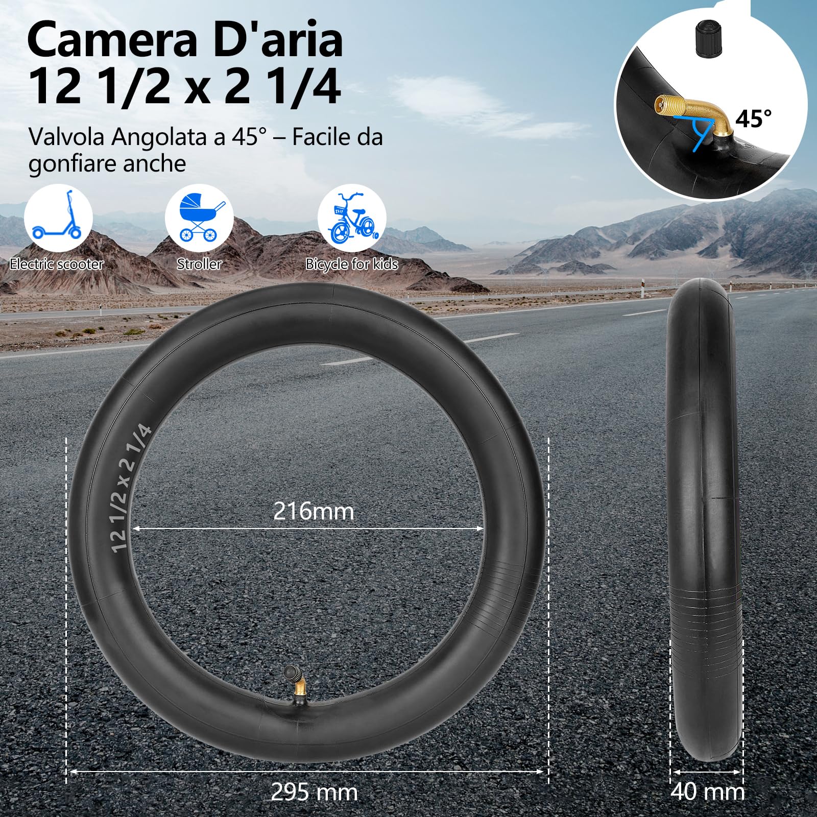 Camera d'Aria 12 Pollici 12 1/2 x 2 1/4 57-203 Doppio Spessore Valvola 45° – Per Passeggini, Bici Bambini, Balance Bike, Monopattini, Go-Kart a Pedali, Tricicli – Resistente & Versatile