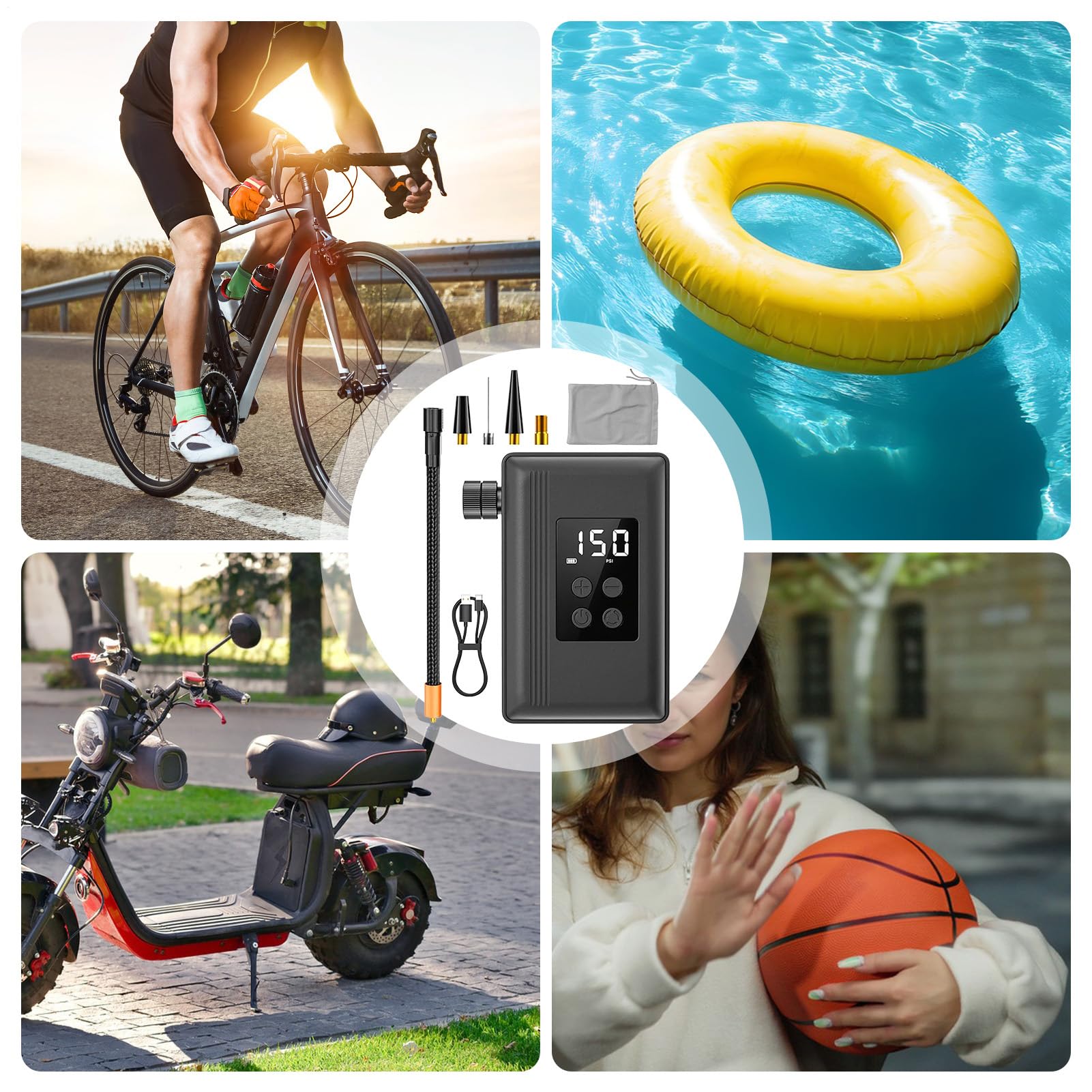 Pompa per Biciclette Spegnimento Automatico Ricaricabile Con Manometro | Gonfiatore Elettrico Per Bici E Pneumatici Portatile Per Ciclismo E Montano, Casa, Campeggio E Esterno