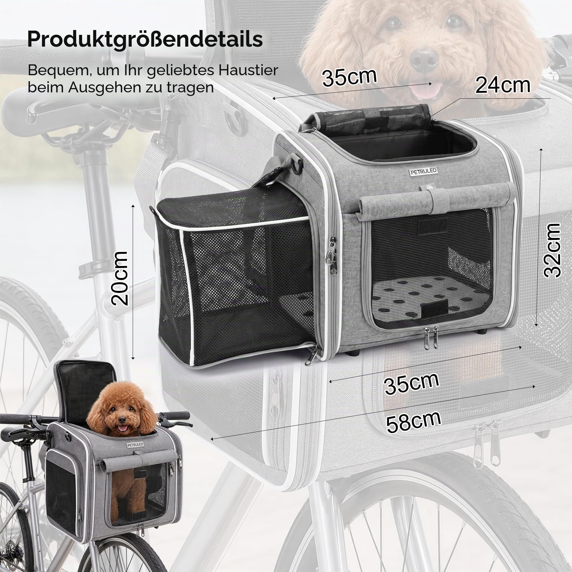Hundekorb Fahrrad Vorne, Faltbarer Atmungsaktiver Hundefahrradkorb Vorne mit 4-Offenen Türen & 4 Mesh-Fenster, Erweiterbarer Hunderrucksack Hunde-Fahrradkorb Haustier-Reisetasche für Katzen und Hunde