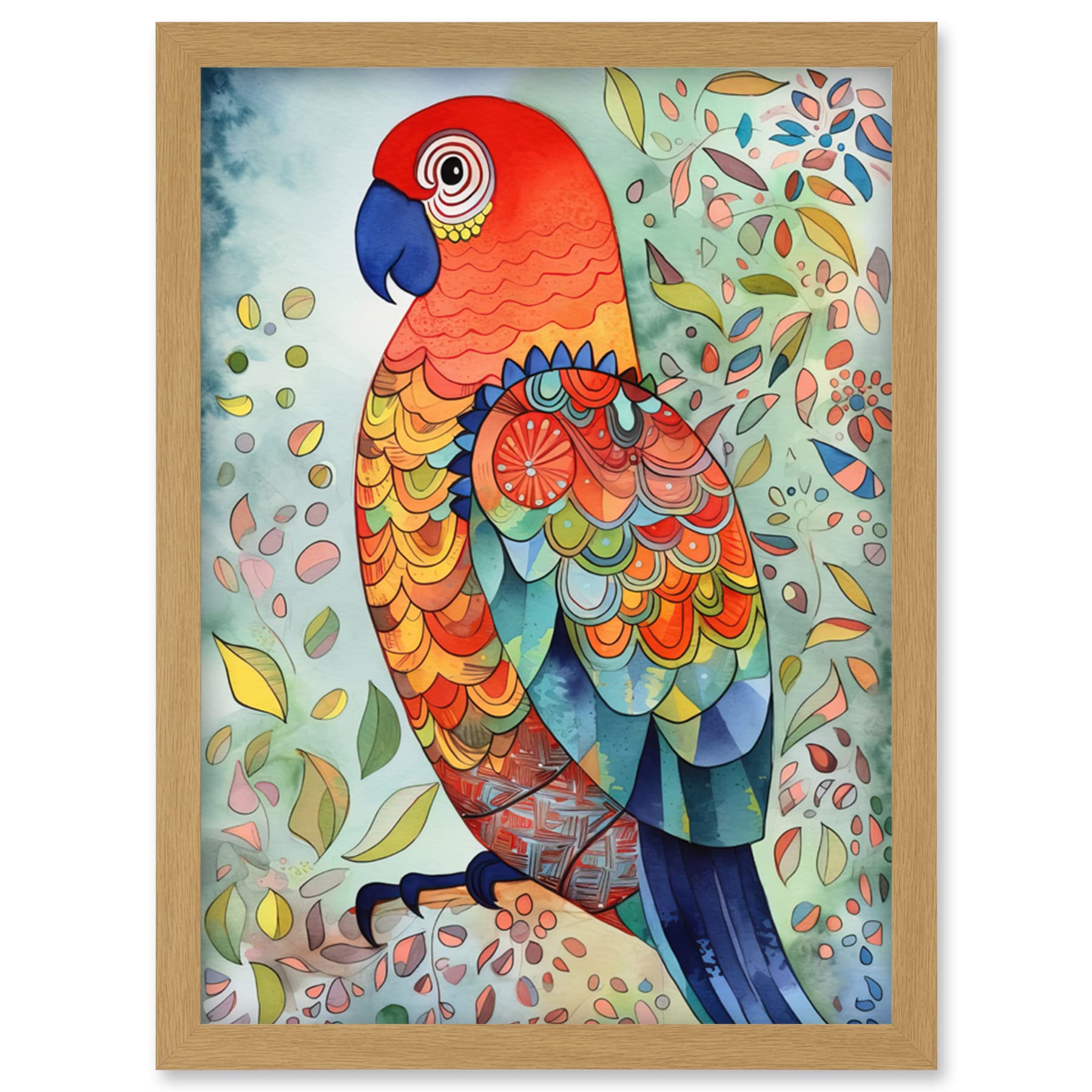 Artery8 Parrot Bird Portrait Folk Art Watercolour Painting Artwork Framed Wall Art Print A4