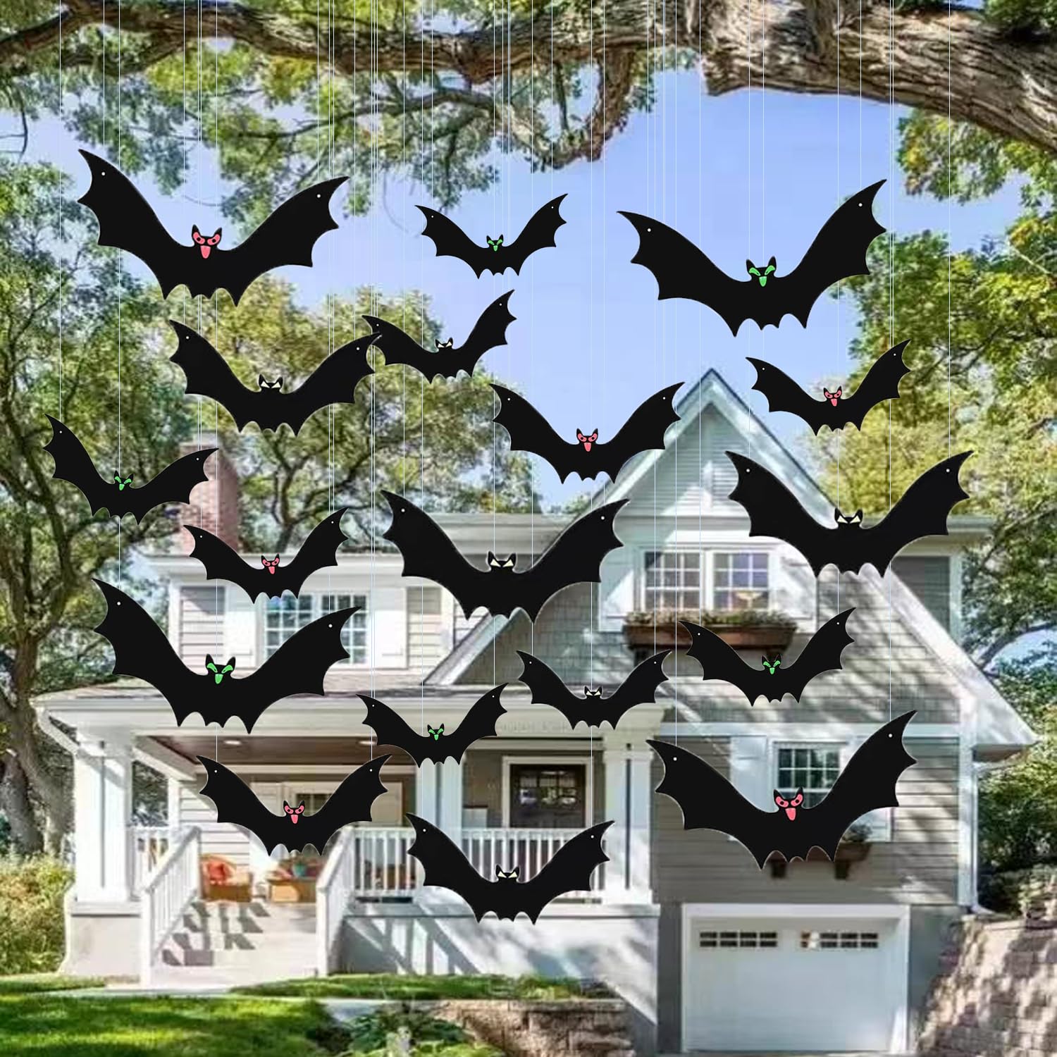 Halloween Hanging Bats Decorations, 18 Pieces 3D Glowing Eyes Realistic Scary Large Fake Black Hanging Flying Bat Spooky for Halloween Yard Sign Outdoor Home Indoor Lawn Decorations(3 Style)