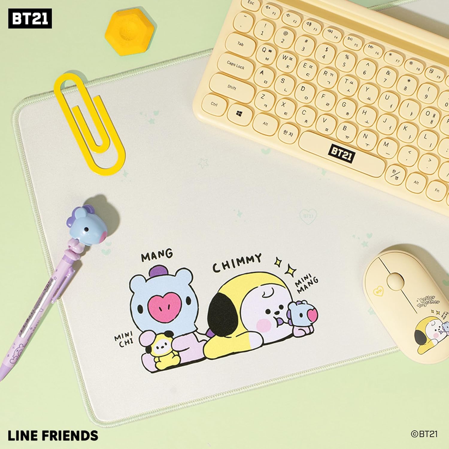 Hamee BT21 My Little Buddy Series Desk Mat [Laptop Computer Gaming Mouse Mat] [Large Office Accessories] [Cute Non-Slip Rubber Base Mouse Pad] [Desk Pad] Cooky CHIMMY SHOOKY MANG, 12" x 30"