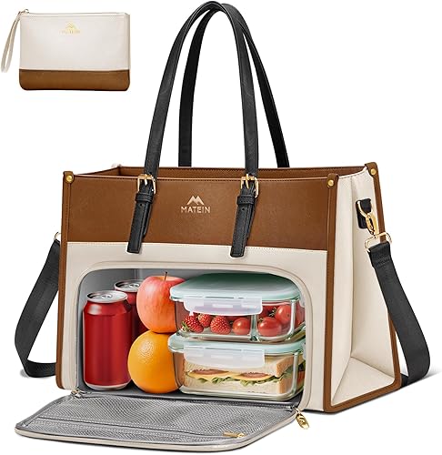MATEIN Bolsa de mano para laptop con compartimento aislado para el almuerzo para mujer, maletín de trabajo 2 en 1 de piel sintética con embrague
