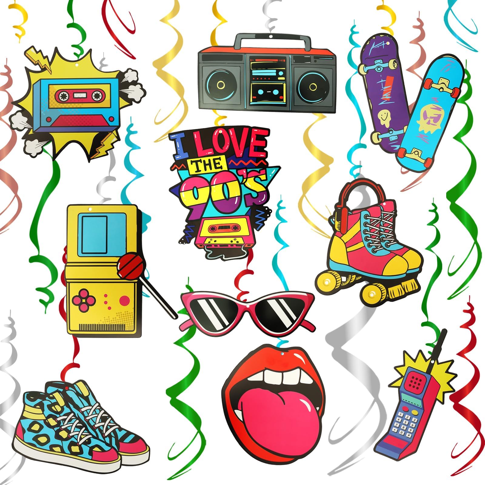 32pcs 90s Decorations for Party 1990's Party Swirl Decorations Back to The 90s 90s Hip Hop Party Ceiling Decorations Hanging for Adults Colorful Hanging Swirl Retro Hip Hop