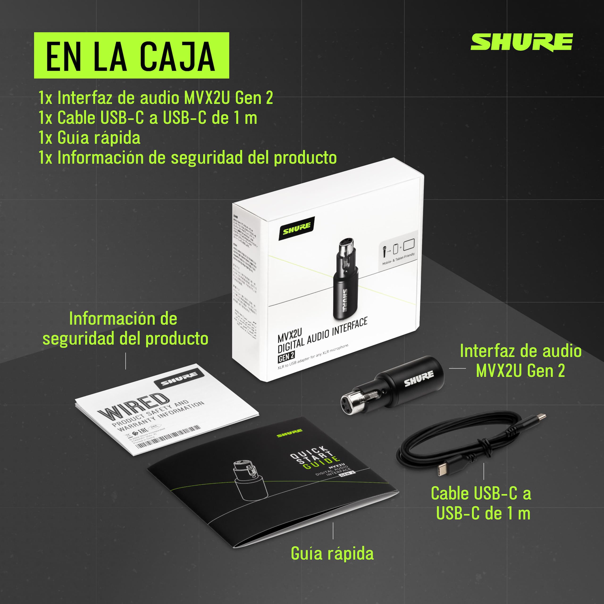 Shure MVX2U Gen 2 interfaz de audio digital, adaptador XLR‑USB para micrófonos, ideal para creación y grabación con procesamiento digital; compatible con Mac, Windows, iOS y Android.