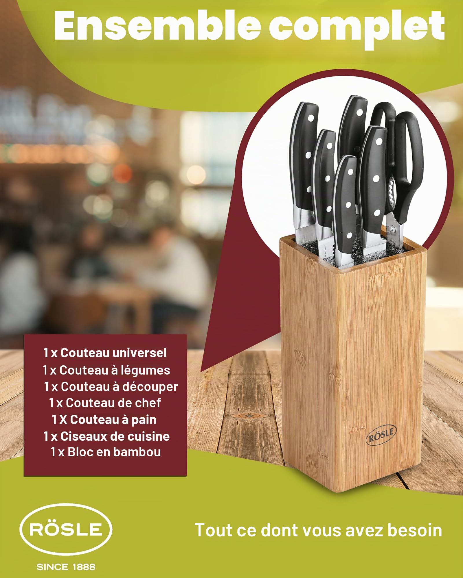 RÖSLE CUISINE Bloc Range Couteaux avec Insert en Brosse - Porte-Couteaux en Bambou avec 5 Couteaux et Ciseaux - Lames en Acier Spécial - Protège-Doigts - 7 Pièces en Tout