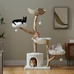PAWZ Road Modern Cat Tree, [38''=97CM] Tour en bois naturel avec panier en osier profond, plate-forme courbes et condo spacieux pour les petits à moyens chats intérieurs, blanc