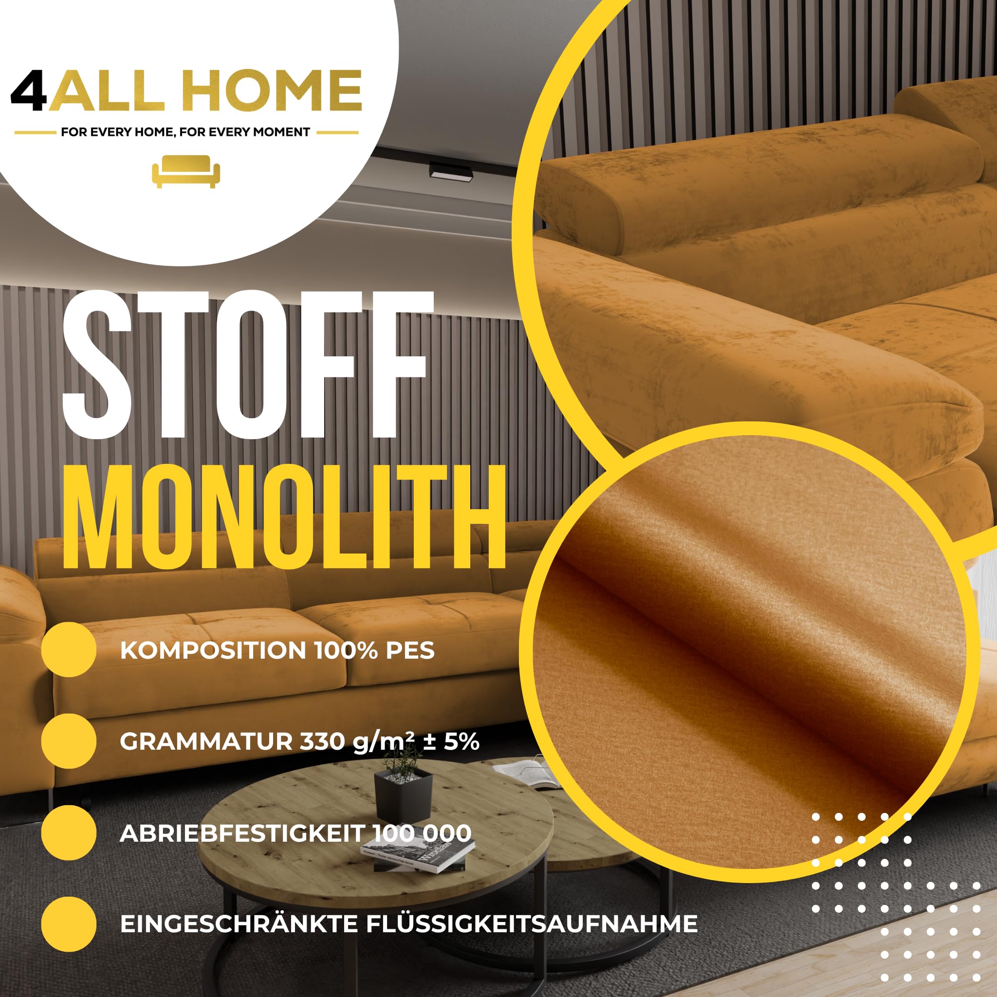 Ecksofa Luna mit Schlaffunktion und Bettkasten – 275x202 cm – verstellbare Kopfstützen – Liegefläche 193x125 cm – Couch – Schlafsofa – L-Sofa mit Stauraum (Monolith 48 Gold, Seite: Links)