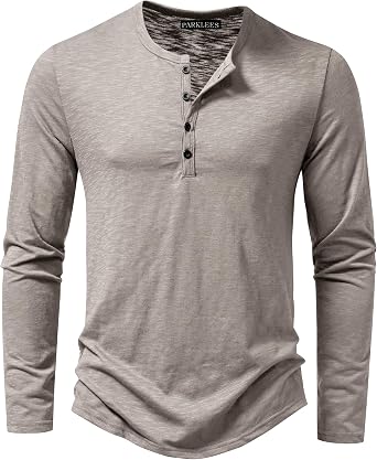 PARKLEES Mens Casual Front Placket Basic Long Sleeve Henley Shirt Muscle Workout Athletic Tee Tops
