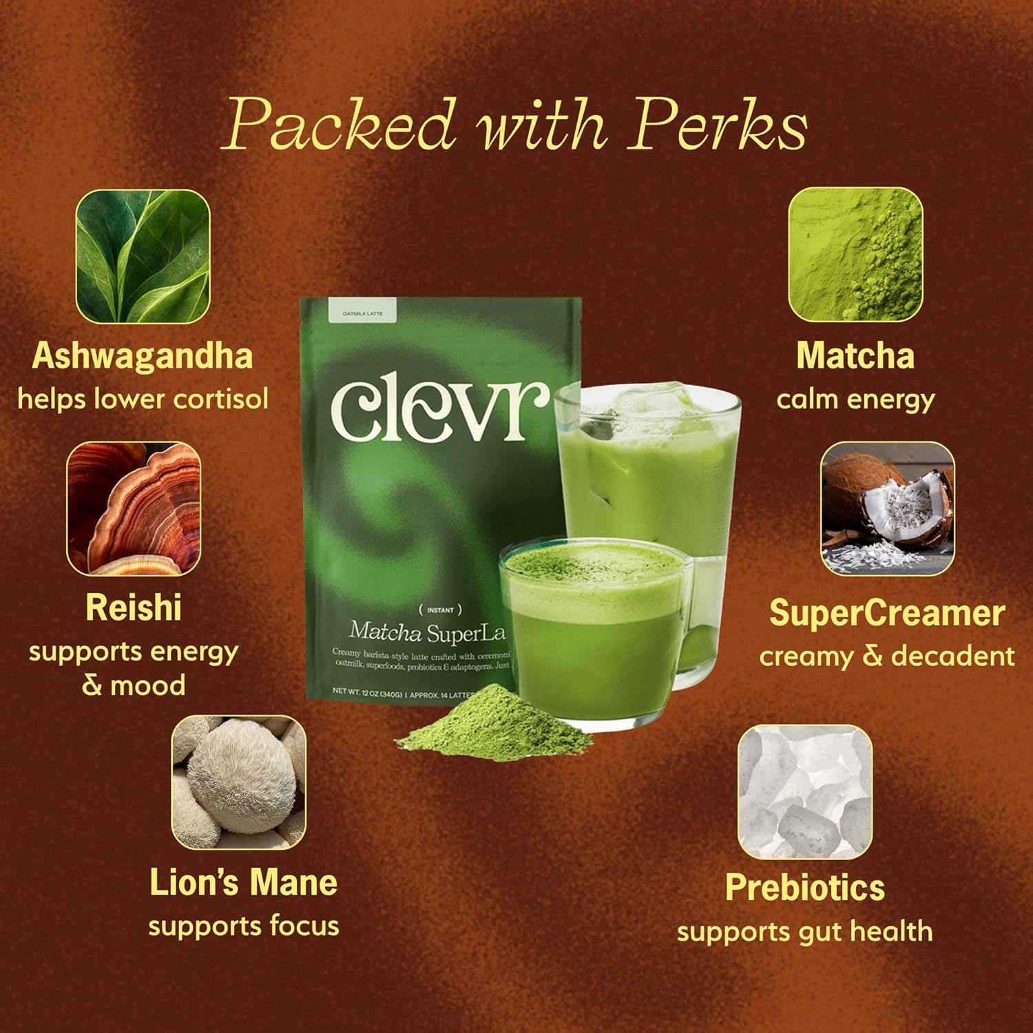 Clevr Matcha Superlatte, Instant Ceremonial Grade, Superfood Powder Blend with Lions Mane, Reishi Mushroom, Coconut Cream, Ashwagandha, Serve Hot or Iced, (30 Lattes)