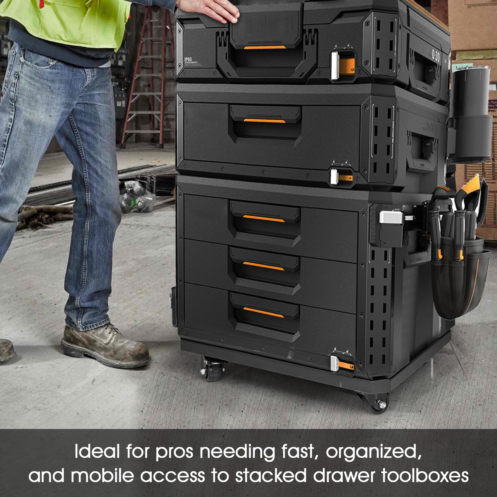 Caja de herramientas resistente compatible con cajas de herramientas ToughBuilt StackTech, base rodante de acero al carbono con 4 ruedas de bloqueo, plataforma de almacenamiento de herramientas móvil