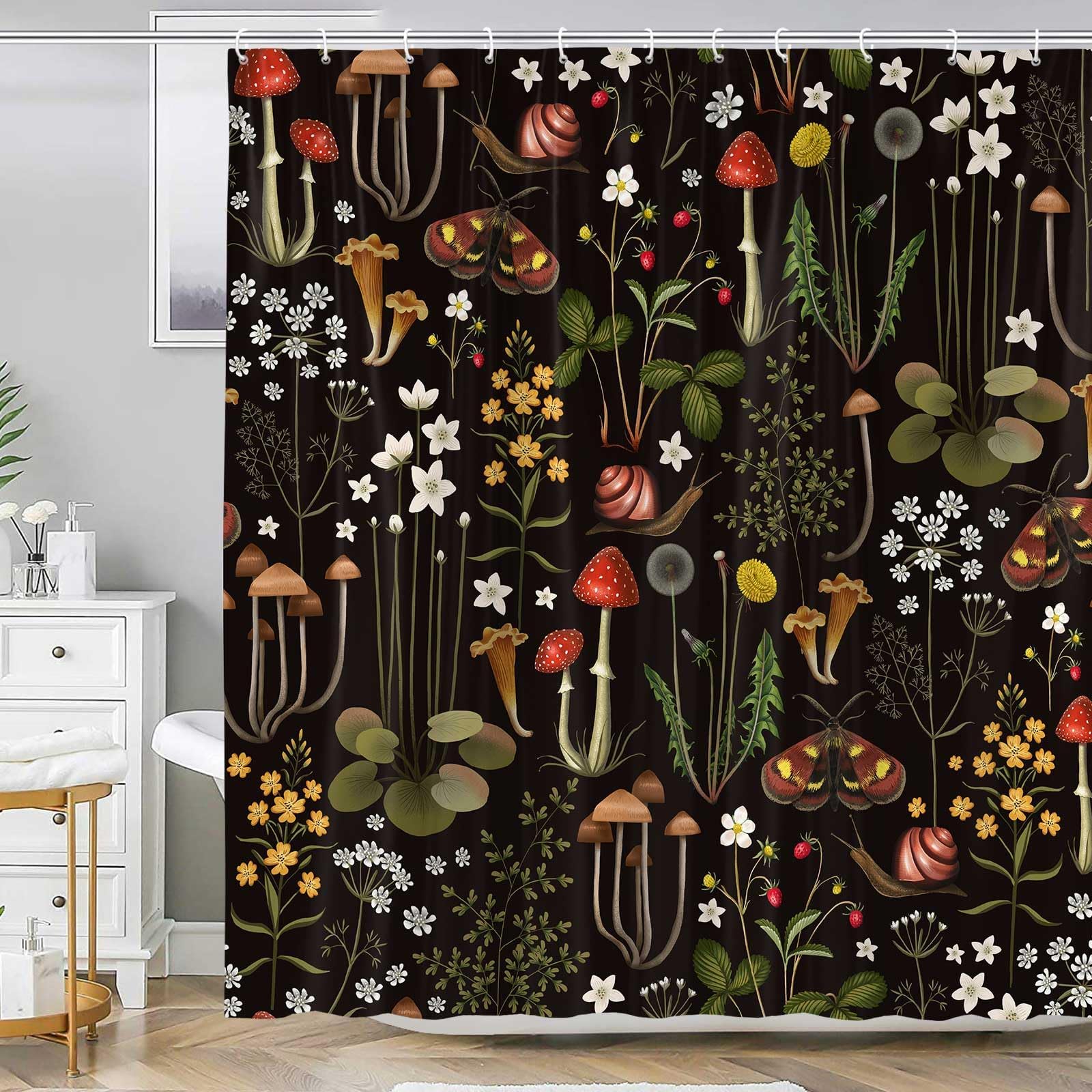Emwnodti Retro Mushroom Shower Curtain for Bathroom, Fairy Forest Flowers Plants on Black Background Bath Curtains, Vintage Botanical Fabric Shower