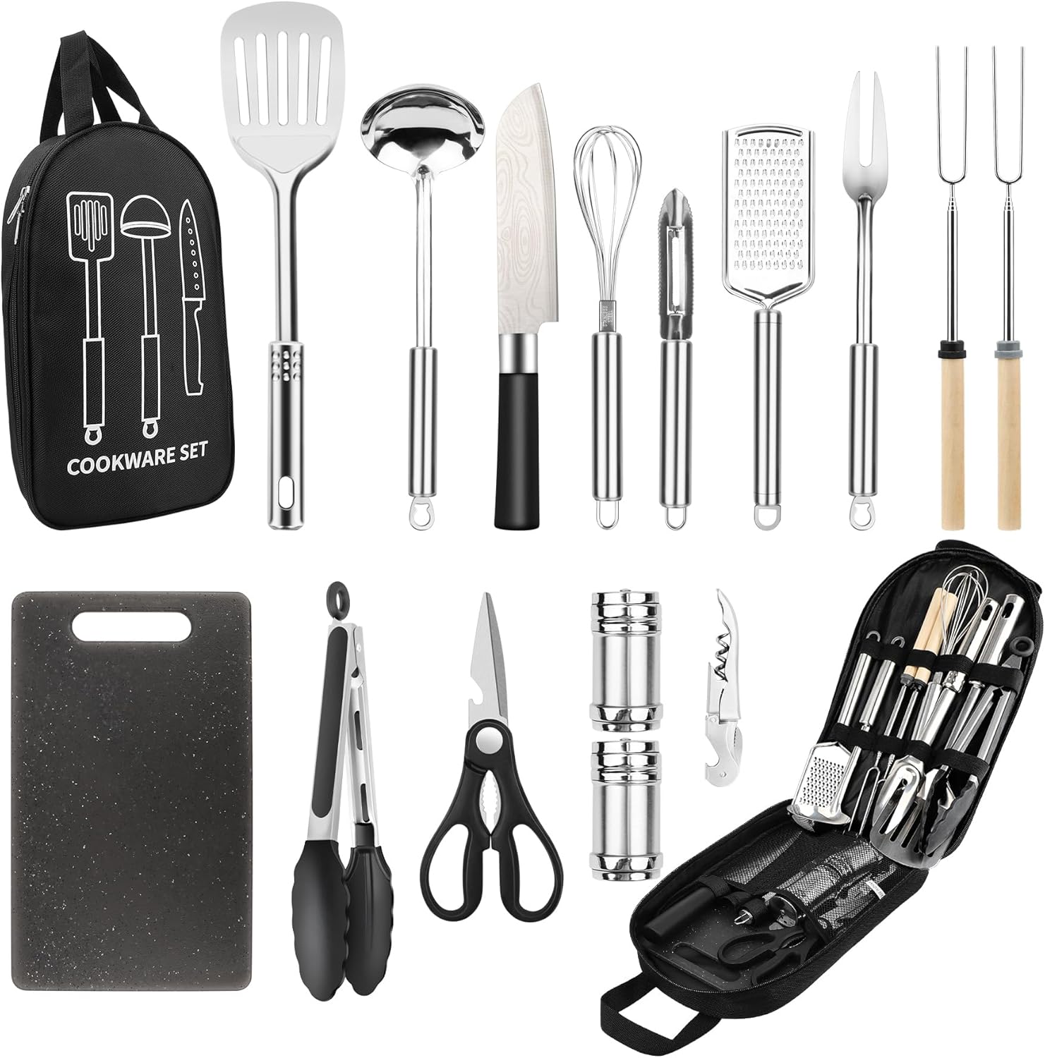 Camping Cooking Utensils Set, Stainless Steel Grill Tools, Camping BBQ Cookware Gear and Equipment for Travel Tenting RV Van Picnic Portable Kitchen Essentials Accessories