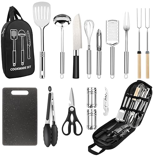 Camping Cooking Utensils Set, Stainless Steel Grill Tools, Camping BBQ Cookware Gear and Equipment for Travel Tenting RV Van Picnic Portable Kitchen Essentials Accessories