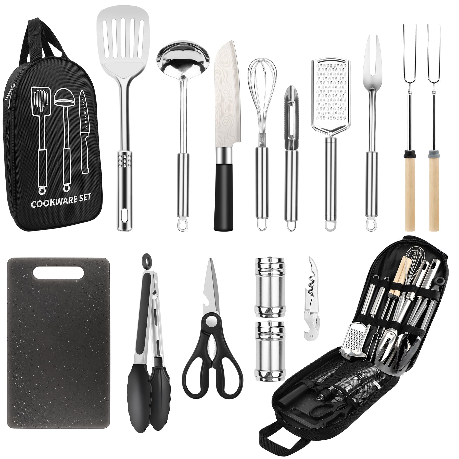 Nineigh Camping Cooking Utensils Set, Stainless Steel Grill Tools, Camping BBQ Cookware Gear and Equipment for Travel Tenting RV Van Picnic Portable Kitchen Essentials Accessories (Black-16 PCS)