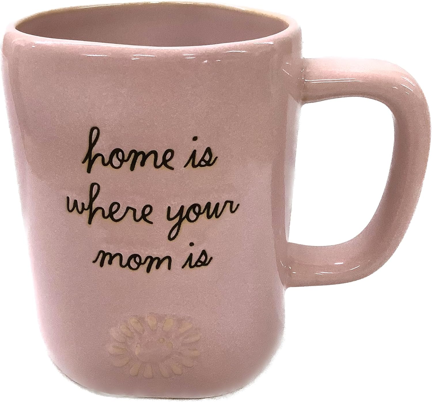 Rae Dunn Mother's Day Coffee Mug - Speckled Blush Pink with Embossed Daisy - 'Home Is Where Your Mom Is'