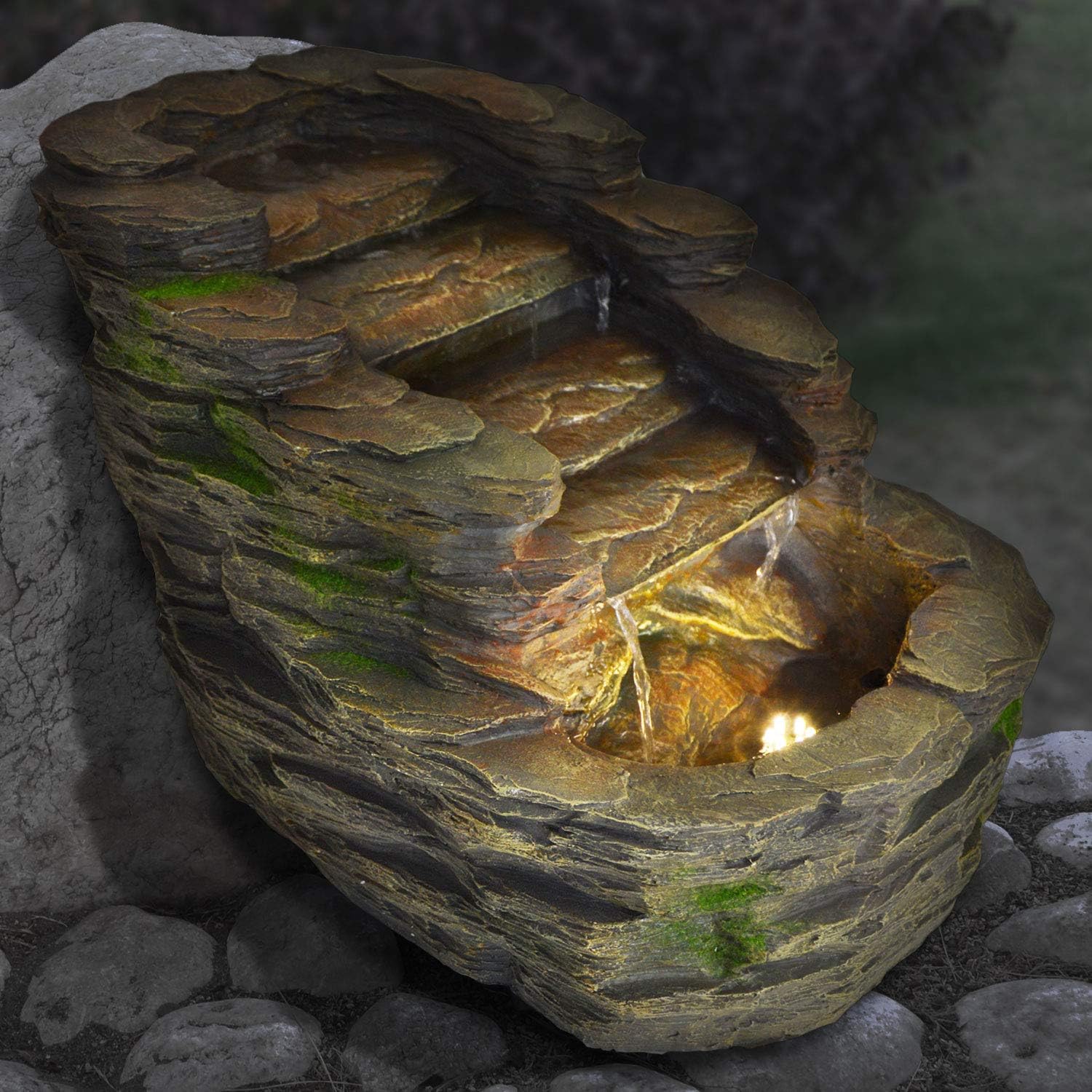 AMUR Garden Fountain "ALPIN STONE CASCADE" with LED Light - Outdoor & Indoor Water Feature for Pond, Stream, Creek - The Ultimate Choice