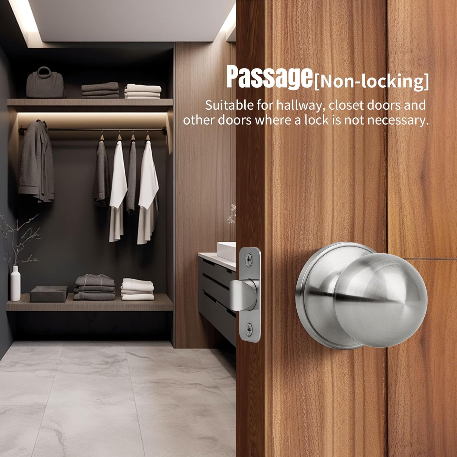 Moquin Passage Door Knob Without Lock or Key, Non-Locking Interior Round Ball Door Knob for Hallway or Closet, Satin Nickel