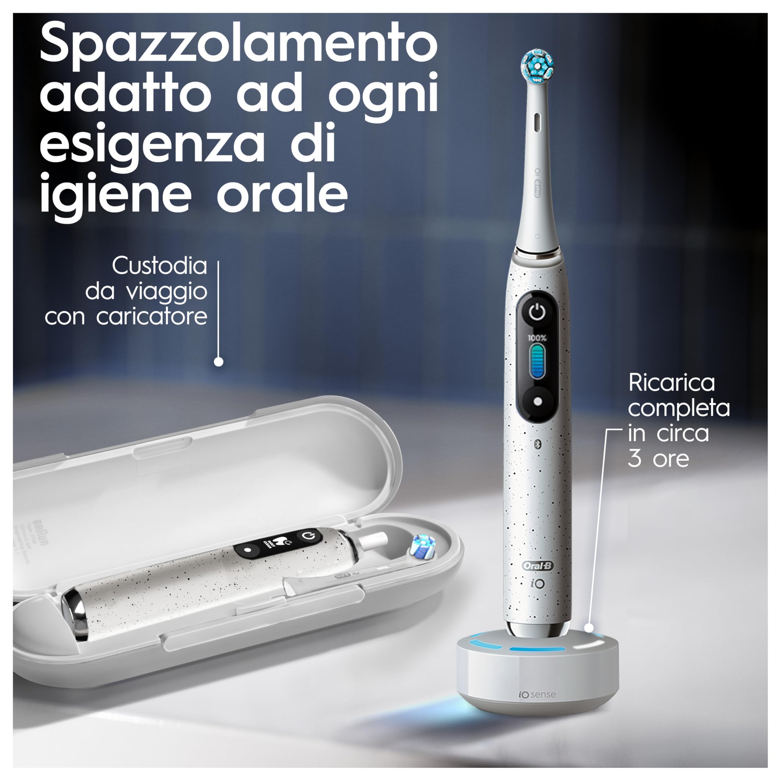 Oral-B Spazzolino Elettrico Ricaricabile iO 10 Bianco, 1 Spazzolino Elettrico, 1 Testine di Ricambio, Custodia Da Viaggio Ricaricabile, iO 10, Pulizia Denti, Sensore di Pressione, Gengive Protette