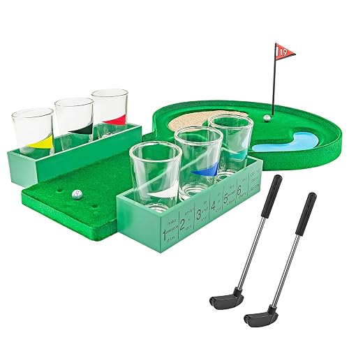 Miniature indoor golf drinking game set with putter and shot glasses