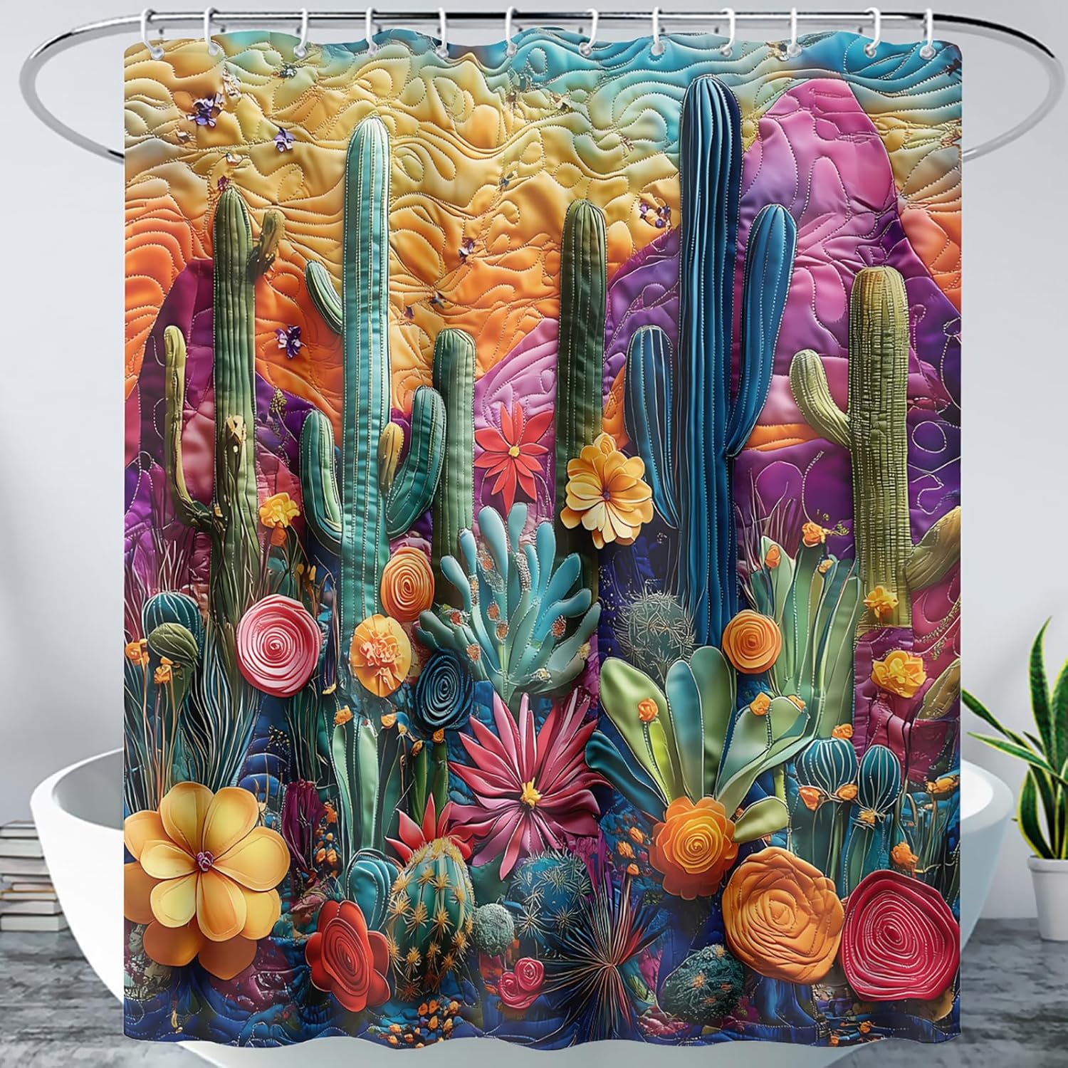 AILONEN Western Cactus 72" W x 96" H Shower Curtain,Colorful Mountains Cactus Forest Bath Curtain + Plastic Hooks,Retro Floral Succulent Plants Bathroom Decor,Waterproof