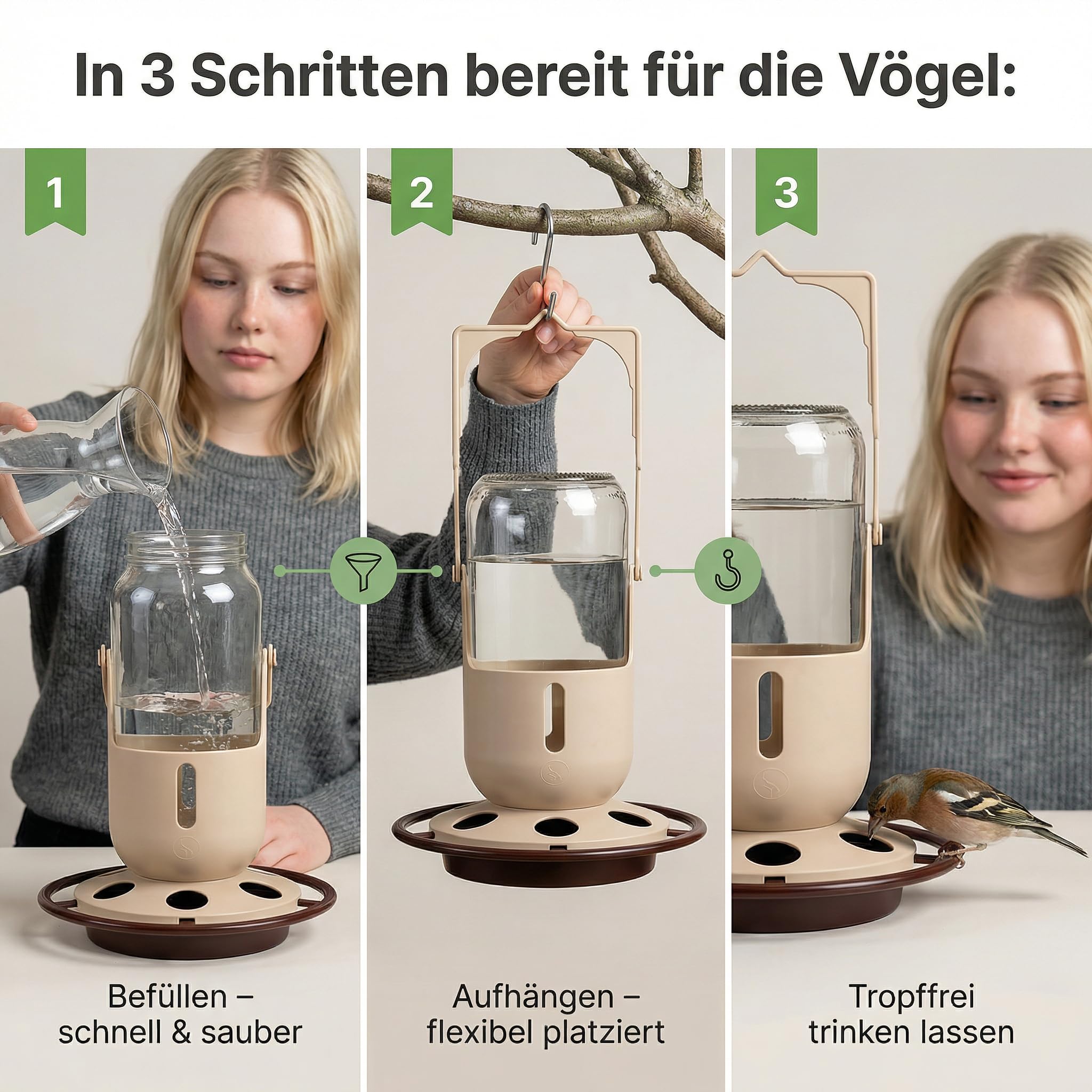 Vogeltränke 1L hängend aus Glas für Wildvögel – große Vogeltränke für sauberes Wasser auf Balkon & im Garten, wetterfestes Vogel Zubehör Hergestellt in der EU