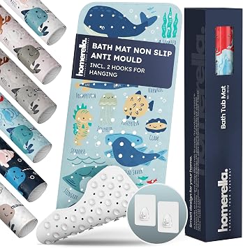 Homerella Bath Mat Non Slip Anti Mould Kids 100x40cm INCL. 2 HOOKS - Anti Slip Bathtub Mat Machine Washable, BPA free, Toddler Non Slip Bath Mat for Inside Bath Tub - Light blue underwater ABC