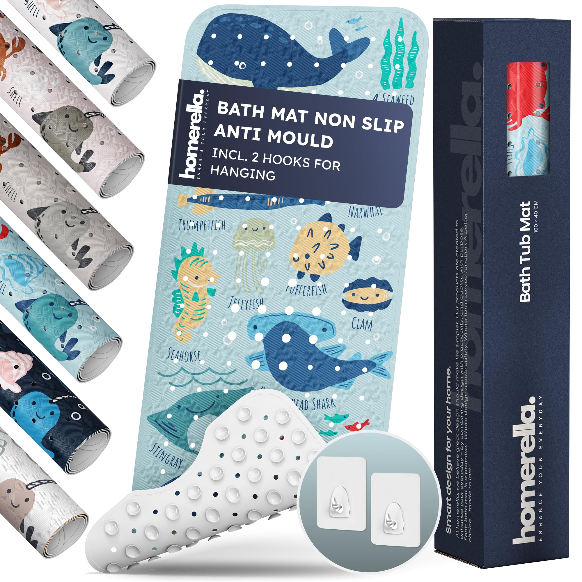 Homerella Light Blue Underwater Abc Bath Mat Non Slip Anti Mould Kids 100X40cm Incl. 2 Hooks - Anti Slip Bathtub Mat Machine Washable, Bpa Free, Toddler Non Slip Bath Mat For Inside Bath Tub