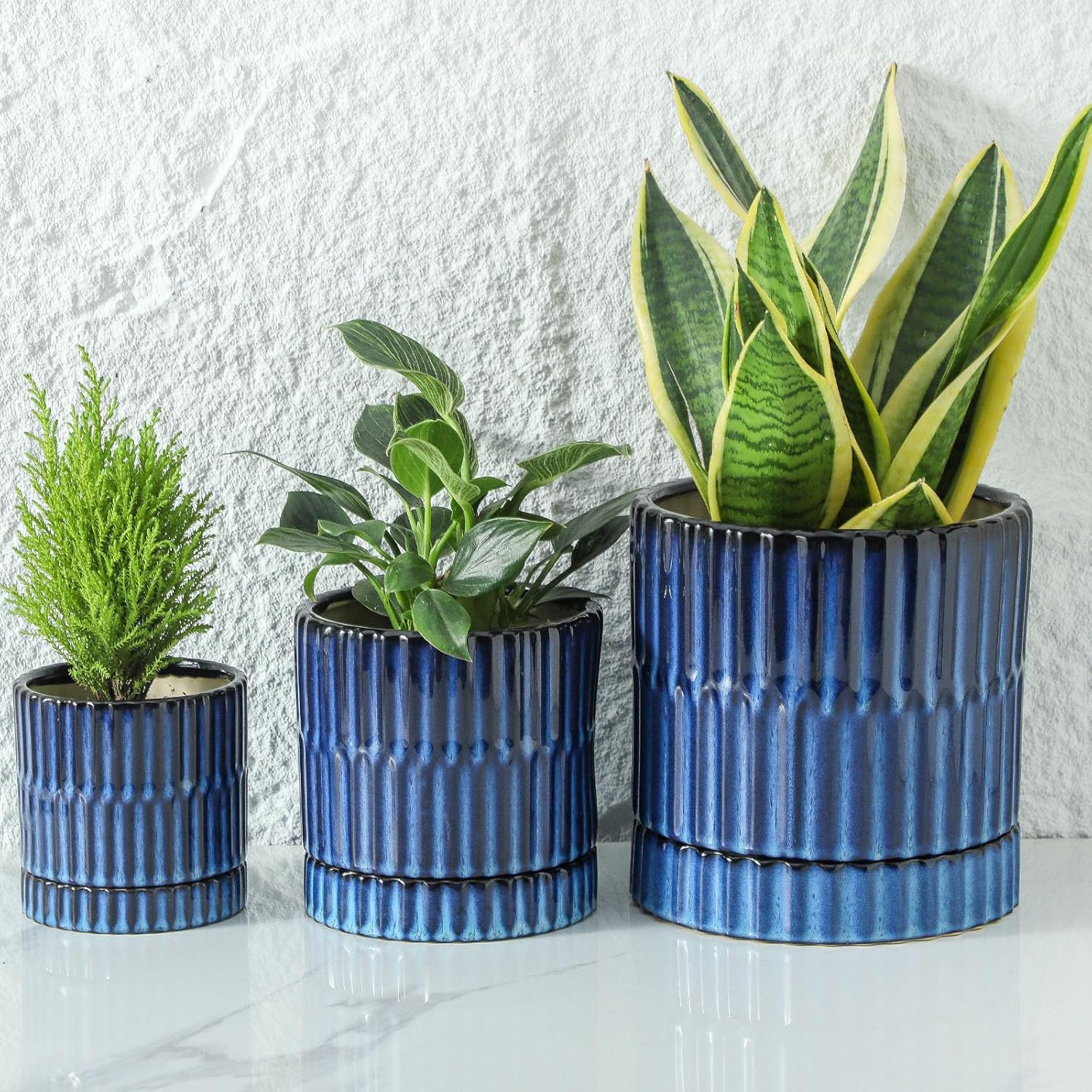 HASENSE Ceramic Plant Pots Set of 3 (8+6+4.6 Inch), Flower Planters with Drainage Hole and Saucer, Indoor Planter Pots for Succulents, Herbs, Ideal for Home Office Desktop Garden Decor(Blue)