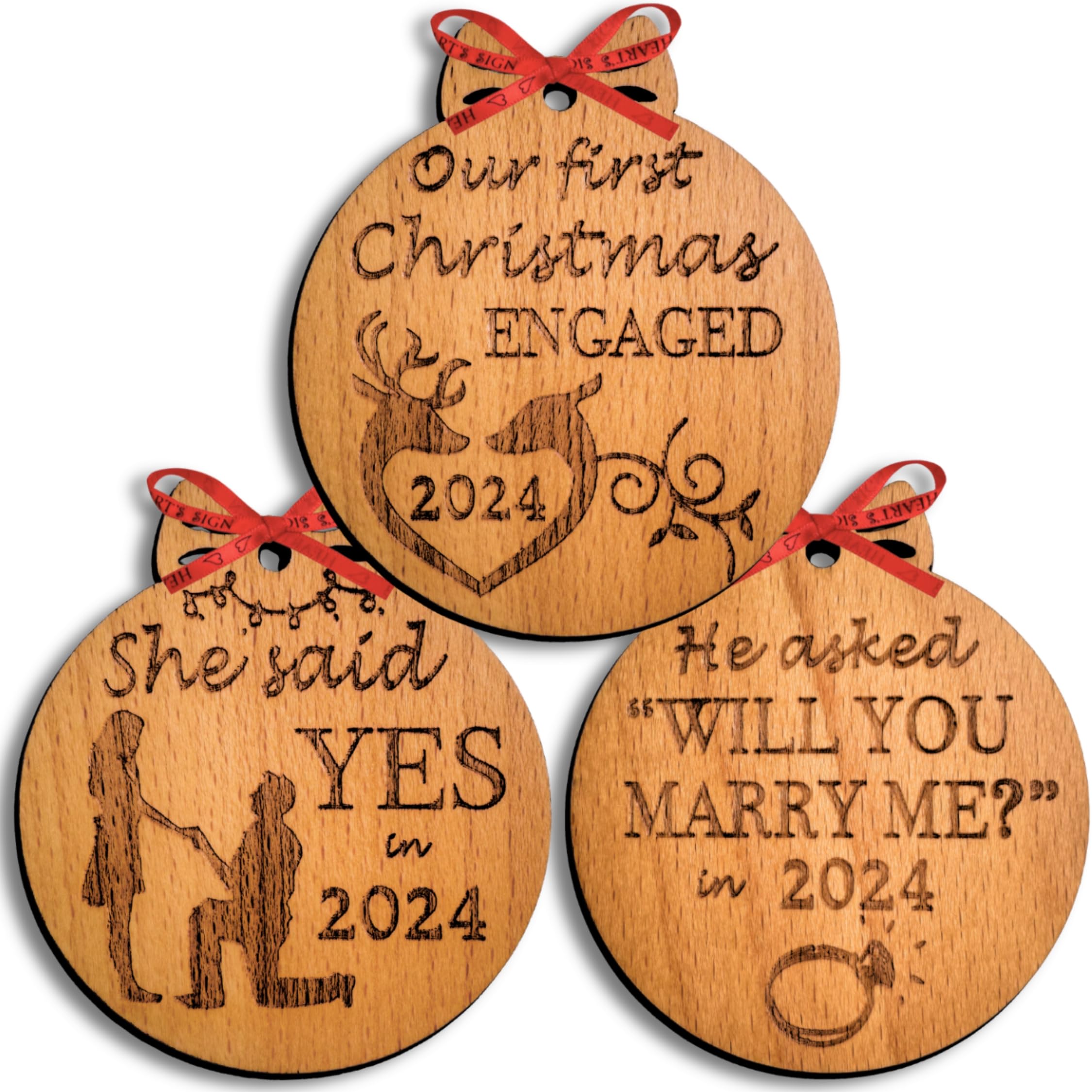 Heart's Sign First Christmas Engagement Gift for Couples 2024 Set of 3 | Our First Christmas Engaged Ornament 2024 | Engagement Ornaments 2024