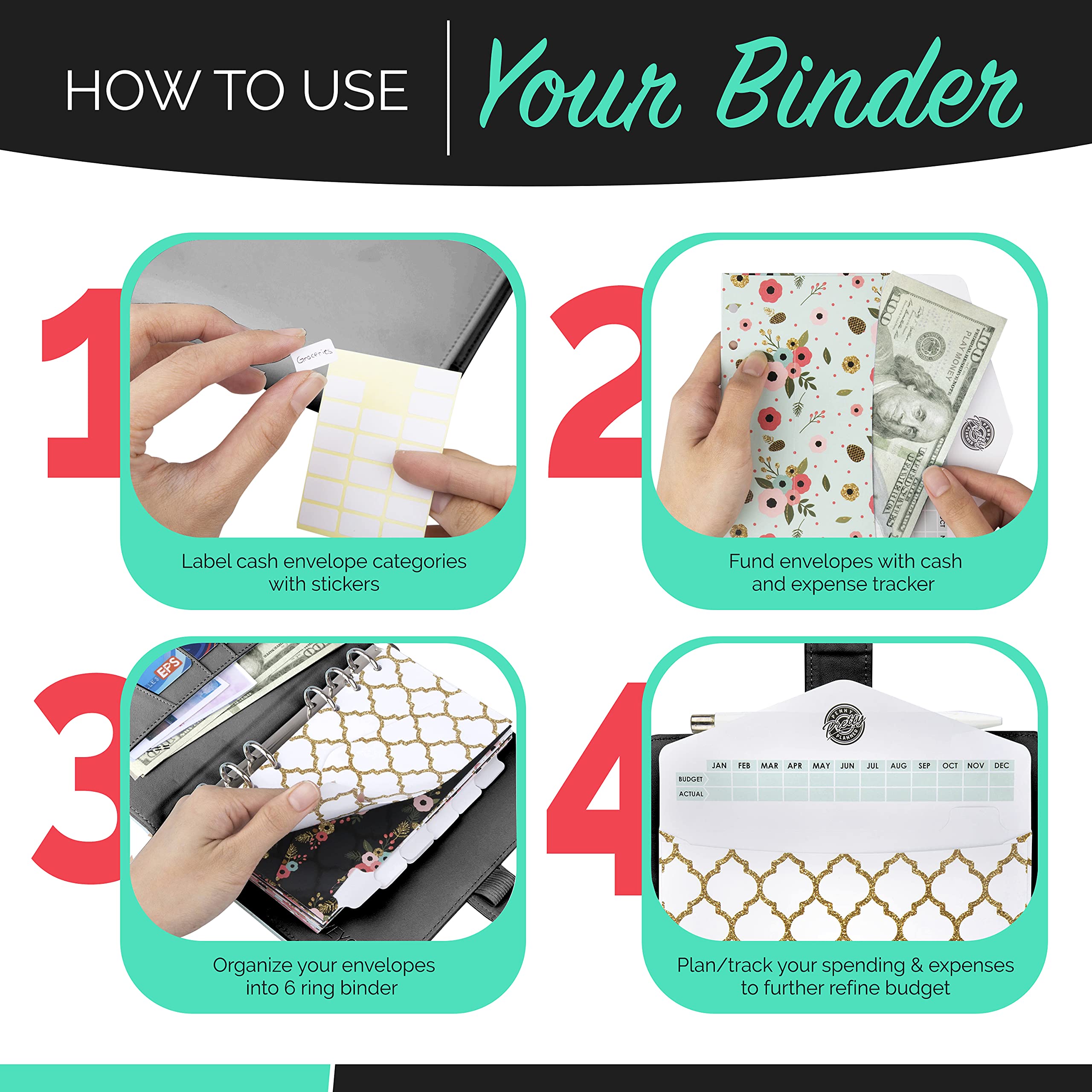 Black A6 Binder and Budget Envelopes, Budget Binder with Cash Envelopes