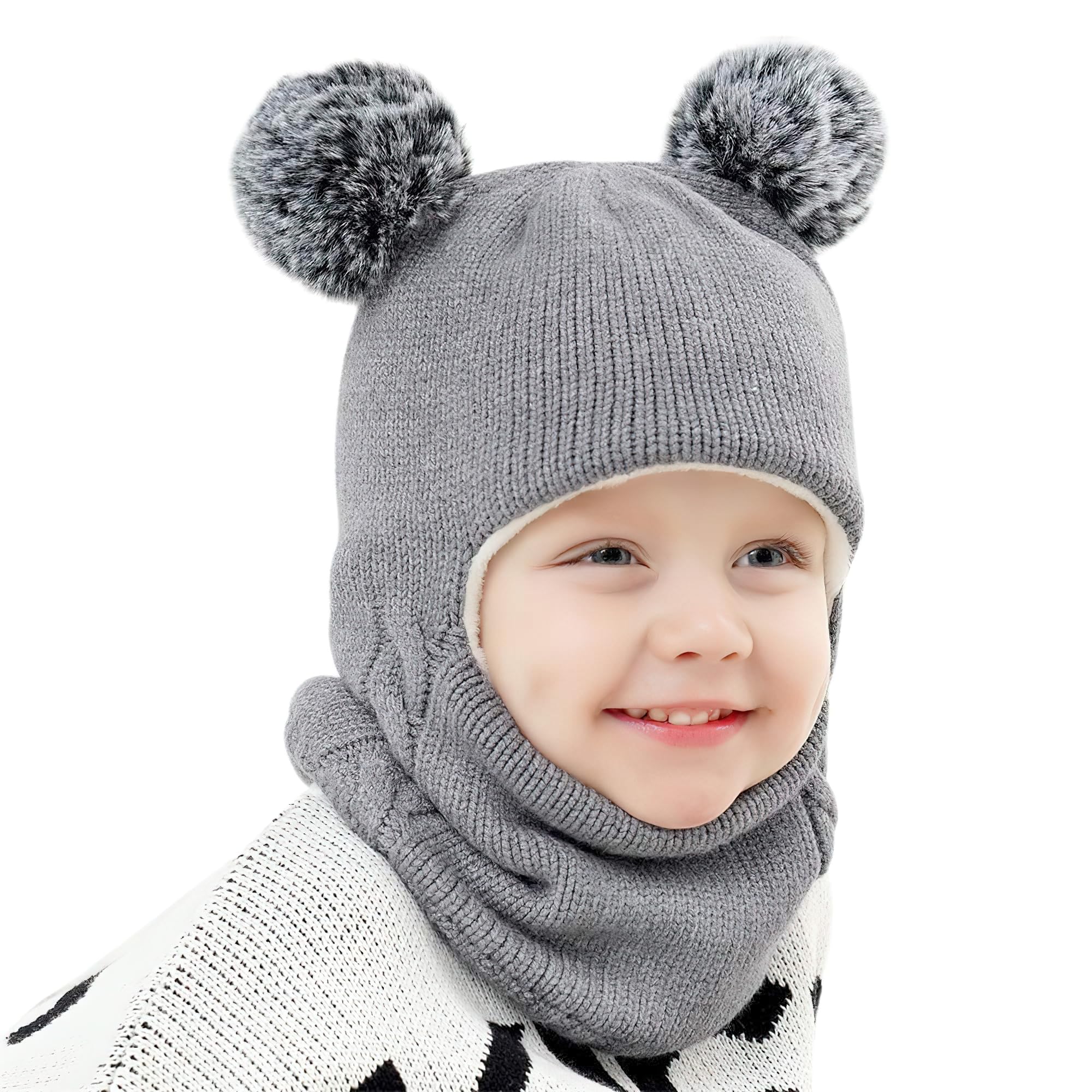 AYPOW Baby Kinderen Winter Warme Muts Balaclava voor 1-6 Jaar, Multifunctionele Thermische Winddichte Gebreide Muts en Sjaal Set voor Meisjes Jongens Peuters, Fleece Gevoerde Muts, Dop, Capuchon