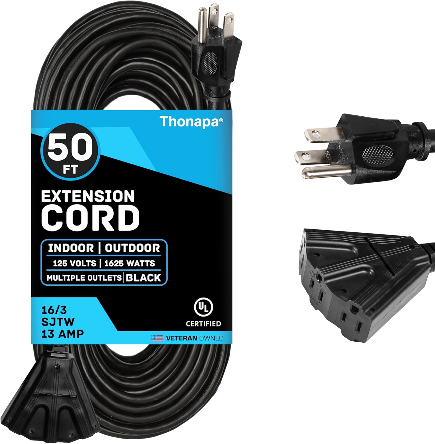 3 Outlet Extension Cord 50 ft, 16/3 SJTW Black Outdoor Extension Cord with Multiple Outlets 3 Prong, Weatherproof Exterior Electric Cable for Outdoor Lights, Landscaping & Lawn, UL Certified