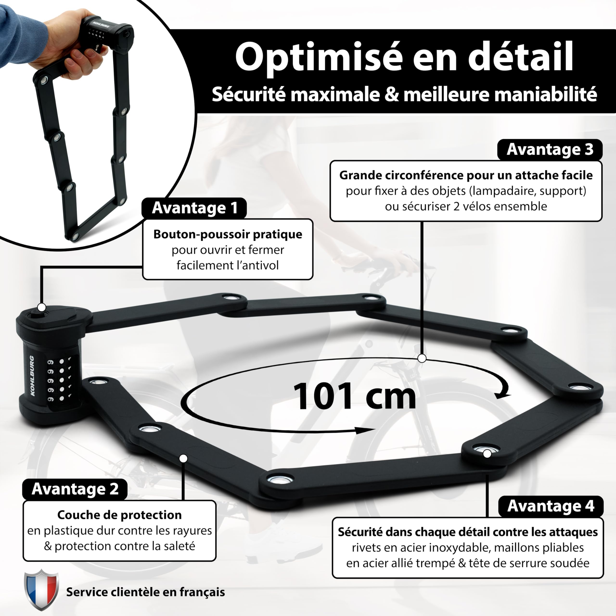 KOHLBURG Antivol vélo à combinaison avec code à 5 chiffres, 101 cm de long | Résistant aux coupe‑boulons, Antivol pliable type Vienne avec support haute sécurité, pour vélo e‑scooter vélo électrique