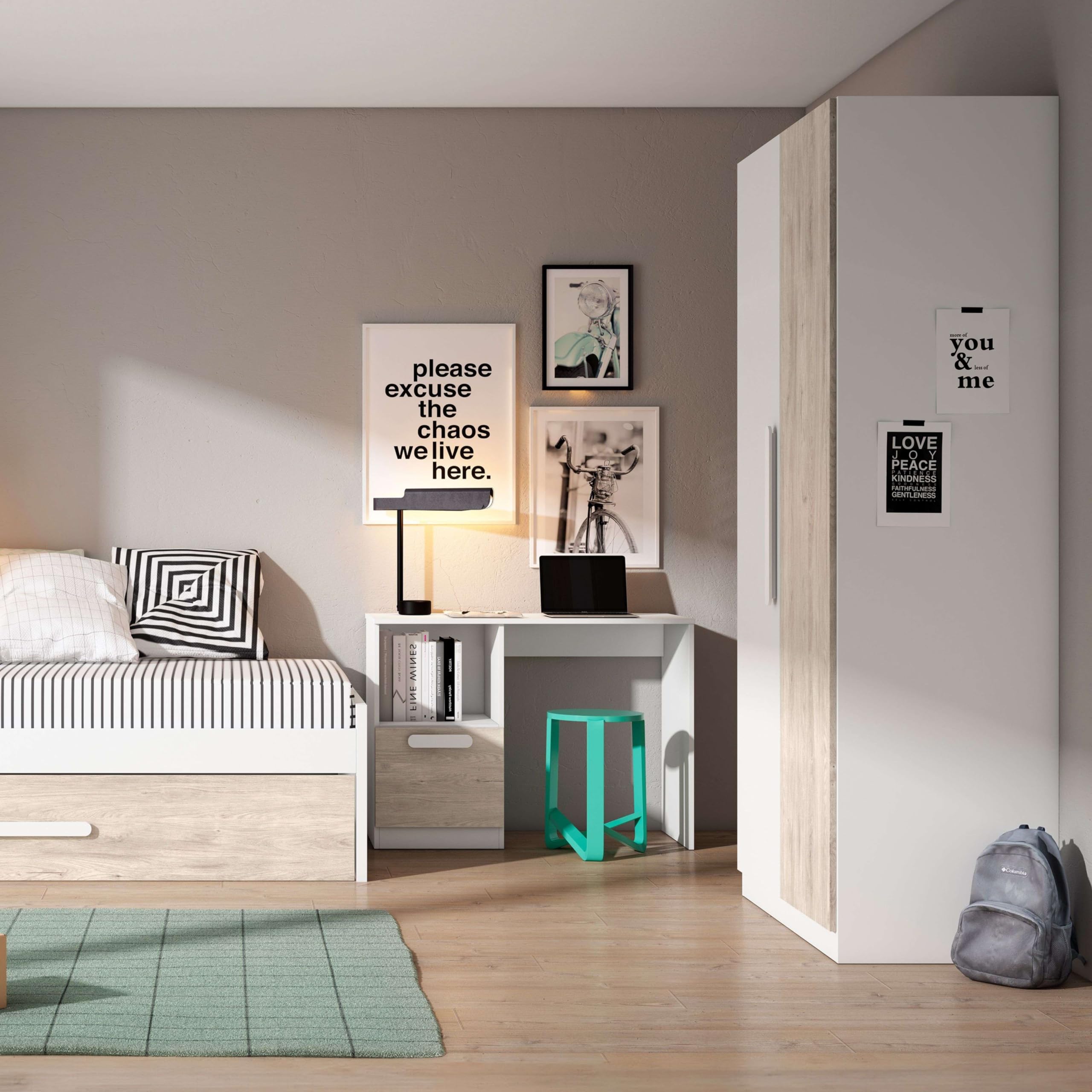 Miroytengo Mueble Armario para Habitación Dormitorio Juvenil Estelle Estilo Nórdico en Color Blanco Mate y Roble Sahara con 2 Puertas 90x200 cm
