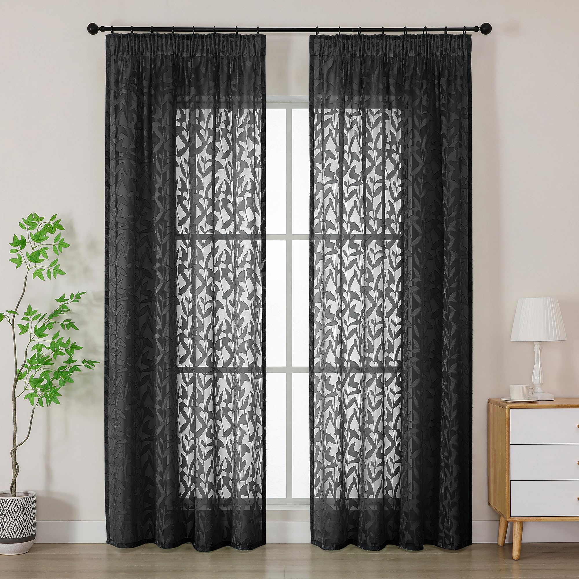 Simplebrand Black Textured Sheer Curtains 2 Panels W140 x L220cm, Leaf Clip Jacquard Voile Curtains, Pencil Pleat Semi-Sheer Window Drapes for Tall Windows Living Room Bedroom Home Decor