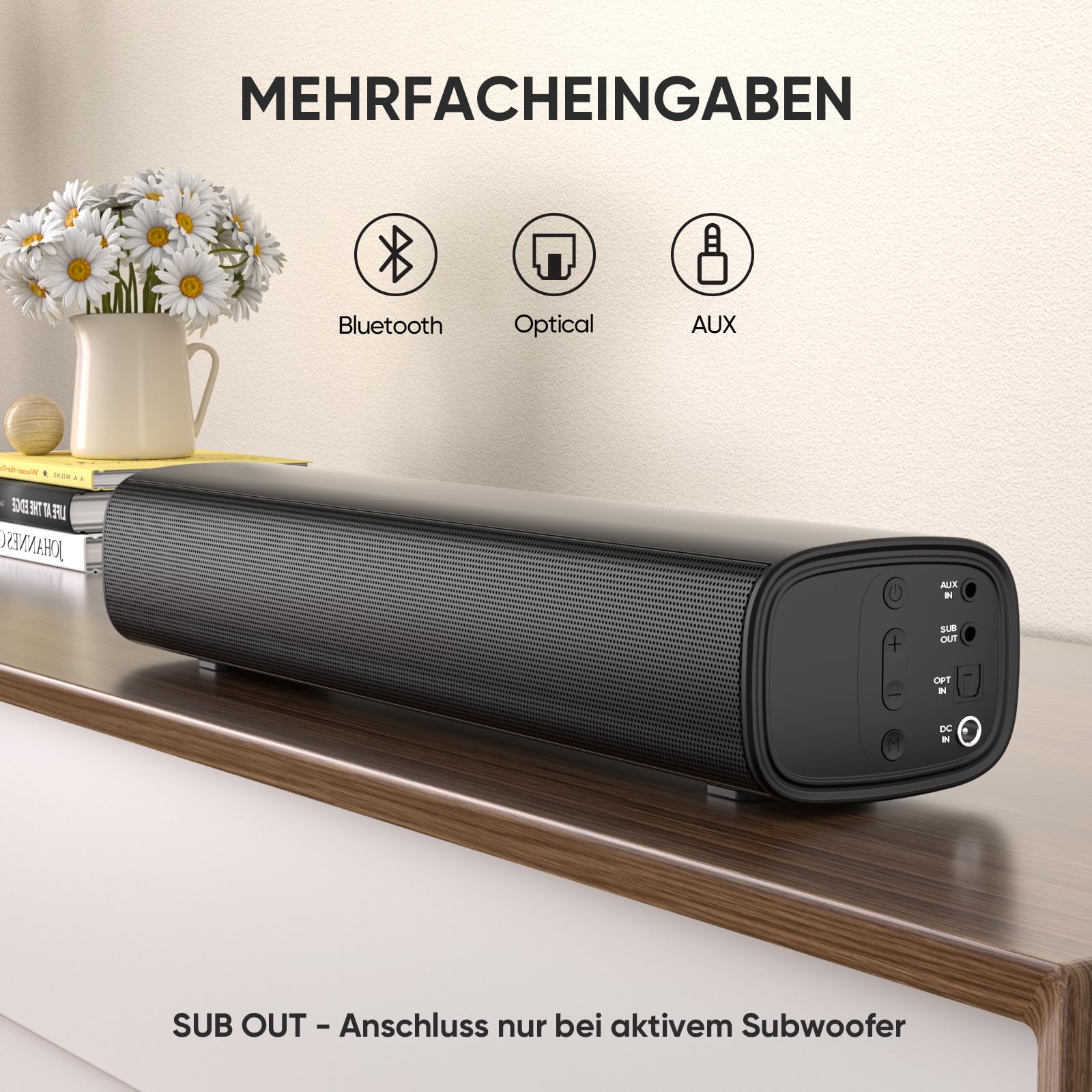 Saiyin 2.0-Kanal Soundbar für TV Geräte, 14.2 Zoll kompakte TV-Soundbar, 40 W Lautsprecher für Fernseher mit Optischer/AUX/Bluetooth-Verbindung, 3 EQ-Effekte für TV/PC/Projektor